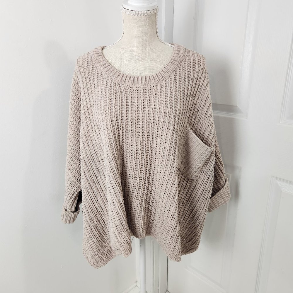 VICI Sweater Womens Medium Beige Oversized Slouchy Hipster Open Knit Soft